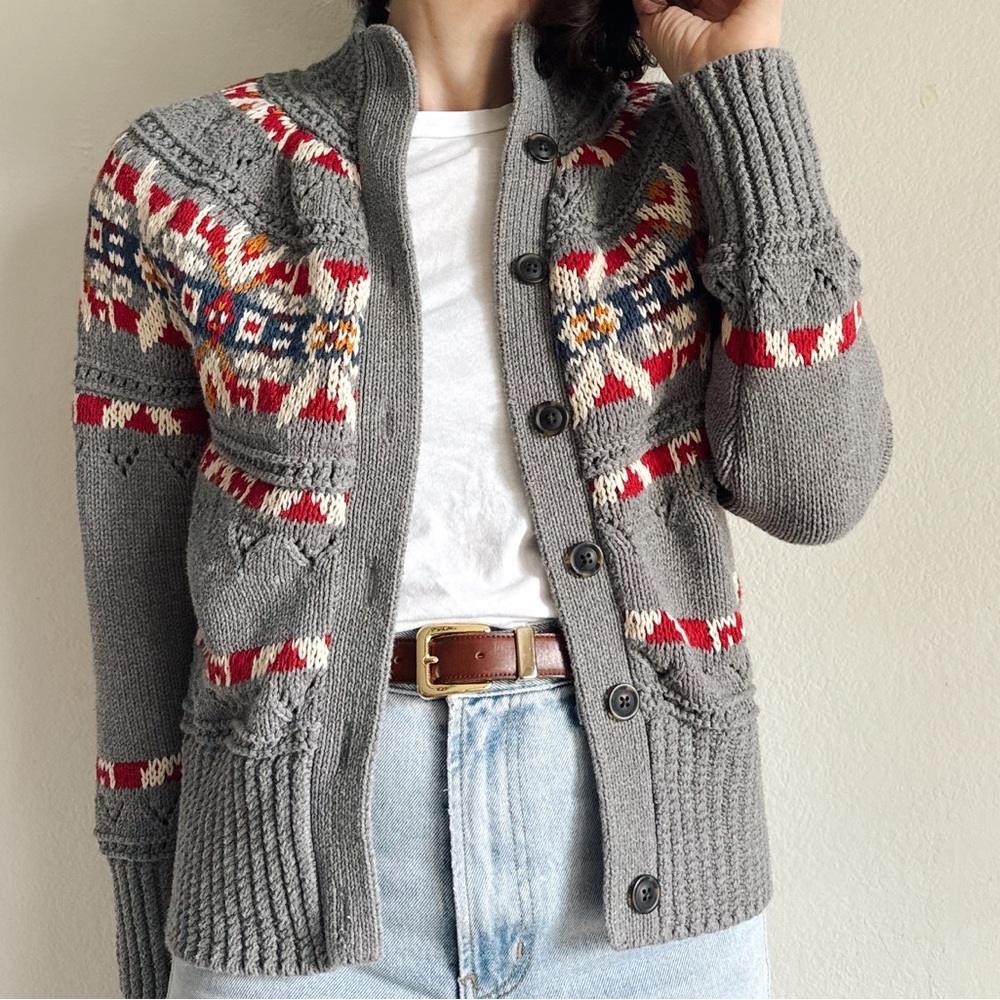L.L. Bean Gray and Red Patterned Cardigan